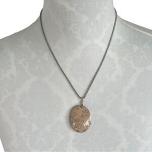 Fossilized Coral Oval Pendant Necklace on Silver Tone Chain